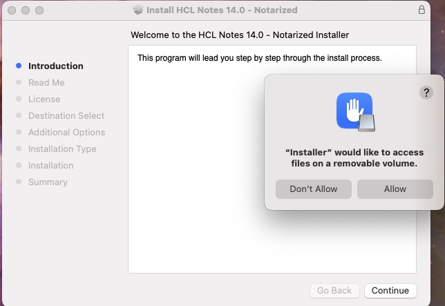 Installer Would Like to Access Files Dialog