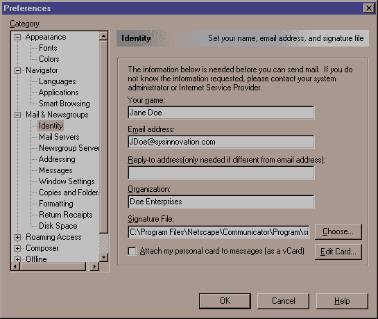 Identity Dialog Box